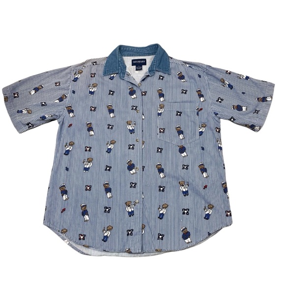Vintage Tops - Vintage 90’s Nautical Bear Print Short Sleeve Button Up Shirt Women’s Medium